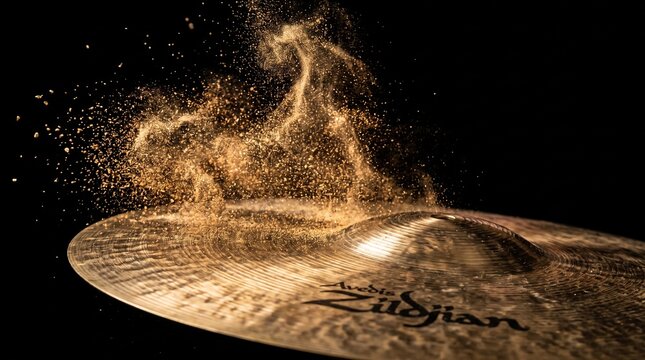 Macro shot of Zildjian cymbal with golden dust particles on black background.
