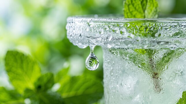 Refreshing iced drink with fresh mint leaves and condensation droplet macro.