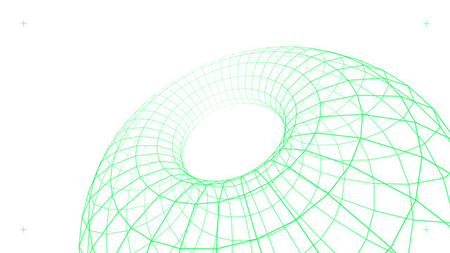 Green torus wireframe mesh fragment on transparent grid backdrop.