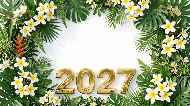 Beautiful new year frame featuring tropical flowers evergreen branches and shiny golden two thousand twenty three numbers