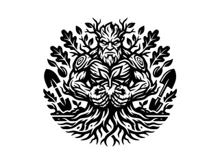 Fototapeta premium Gardening Nature Monochromatic Vector Line Art: Strong Green Man with Roots, Shovels, and Oak Leaves.