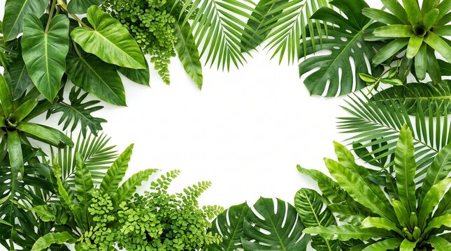 A vibrant frame of lush tropical foliage features a bright white central space and vivid green leaves