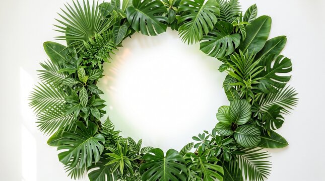 Lush green tropical foliage wreath against white wall perfect for seasonal decorations and events