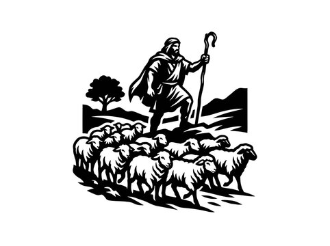 Biblical Shepherd Guiding Flock of Sheep with Staff in Woodcut Style Black and White Illustration for Religion and Agriculture