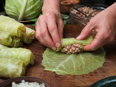 Kohlrouladen werden von Hand mit einer F&uuml;llung aus Hackfleisch und Reis in weiche Kohlbl&auml;tter eingerollt. Authentische Zubereitung klassischer deutscher Hausmannskost.
