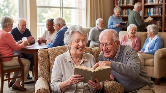 Grandparents Day festival celebration captures elderly friends reading books together in nursing home library for social banner