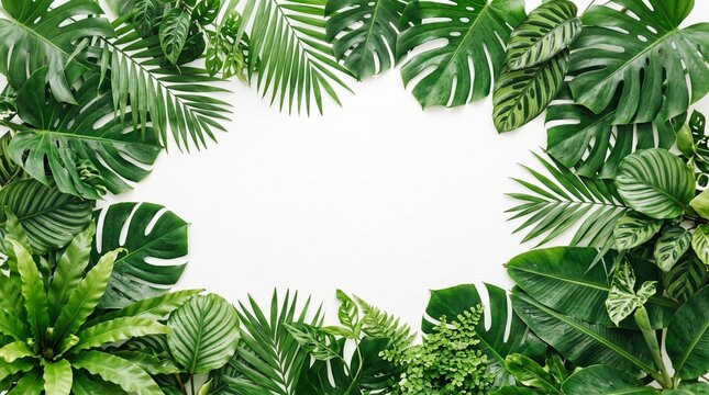 A vibrant frame of dense tropical leaves and plants with a blank white space for your text