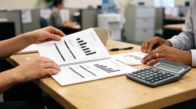 Two business people analyzing financial report together with a calculator and coffee on a table in an office