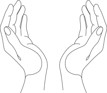 Minimalist vector line art of two cupped hands facing each other, representing care, receiving, and protection.