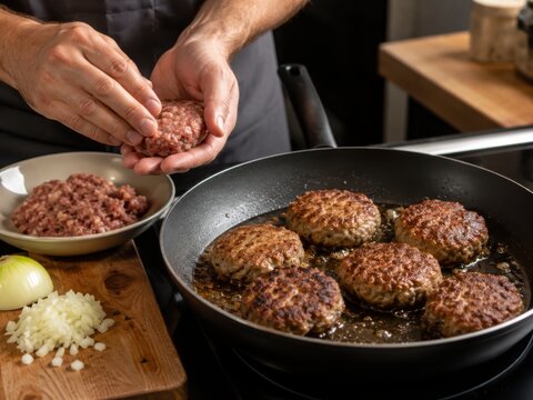 Frikadellen werden aus gew&uuml;rztem Hackfleisch geformt und in der Pfanne angebraten. H&auml;nde zeigen die authentische Zubereitung eines beliebten deutschen Klassikers.