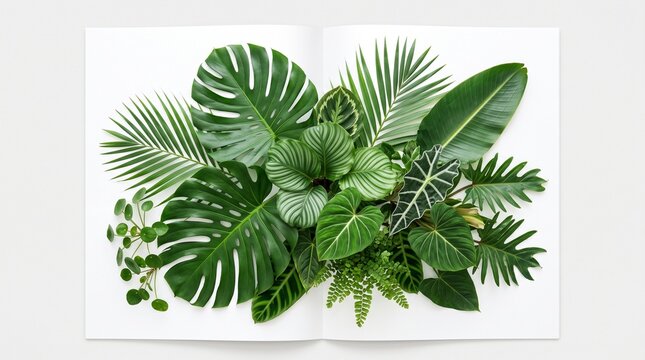 Beautiful lush tropical foliage arrangement displayed on a clean white backdrop for natural and organic design elements
