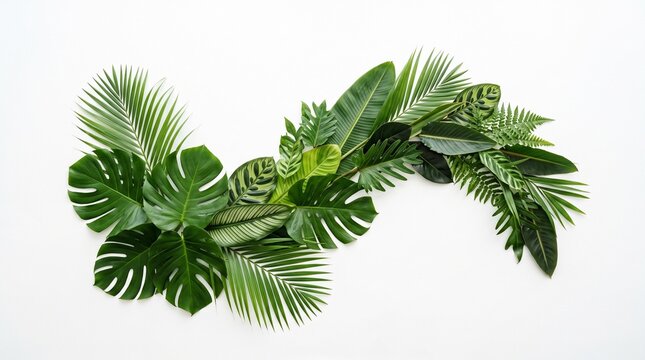 Beautiful arrangement of vibrant lush tropical leaves on a clean white background for botanical and natural designs