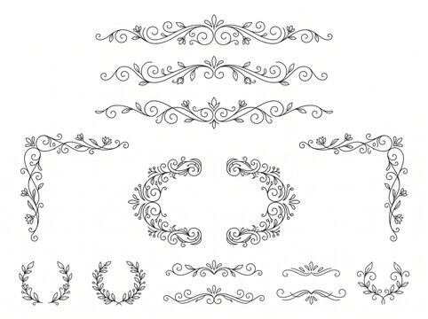 Vintage Decorative Elements Vector Set with Ornate Floral Frames, Borders, Scrolls, Calligraphic Swirls, Victorian Ornaments, Corners and Wedding Design Illustrations