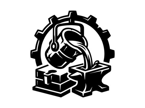 Metal Casting Foundry Process Glyph Icon with Ladle Pouring into Anvil, Mold, and Gear