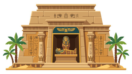 Fototapeta premium Ancient Egyptian temple vector illustration, stone tomb with pharaoh sarcophagus and hieroglyphics, desert monument with palm trees