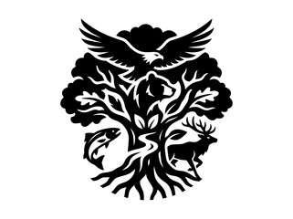 Fototapeta premium Black and white vector illustration of a tree with animals and eagle, nature symbol