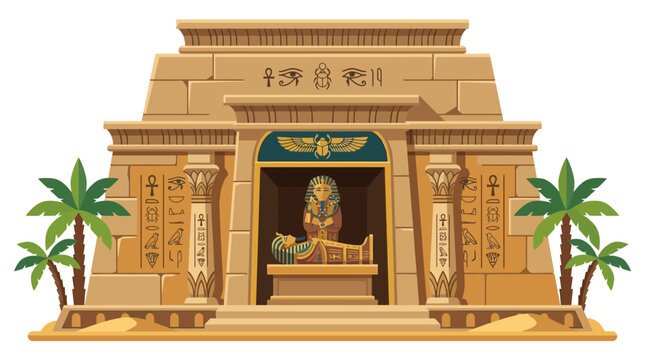 Ancient Egyptian temple vector illustration, stone tomb with pharaoh sarcophagus and hieroglyphics, desert monument with palm trees