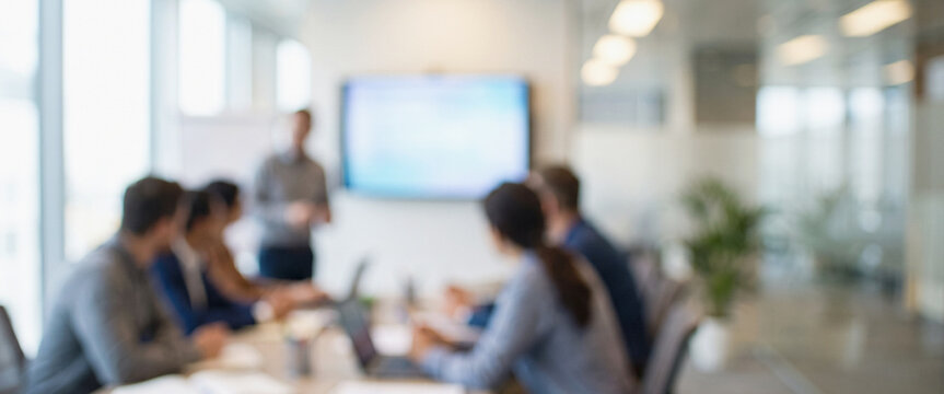 A business meeting in a modern office setting, with a blurred group of professionals listening to a presentation on a screen. Collaboration and teamwork in focus.