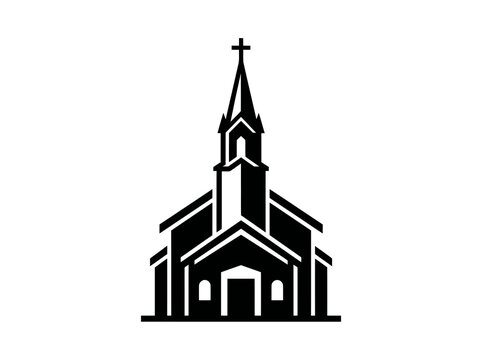 Black  White Glyph of a Church Building with a Cross on Top