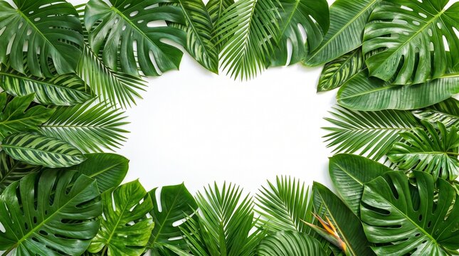 A vibrant frame of dense tropical leaves and plants with a blank white space for your text