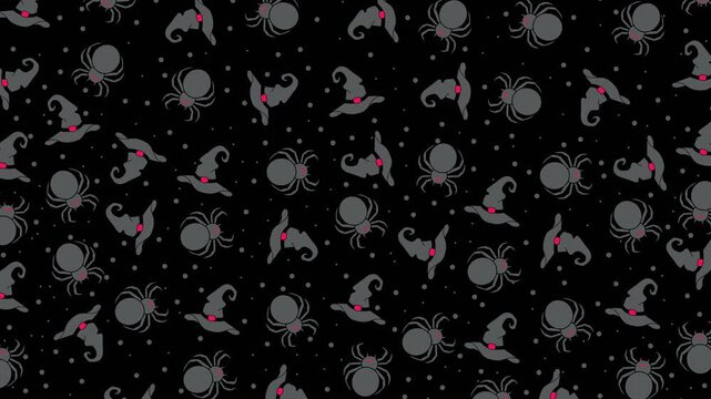 A 4K seamless looping Halloween animation featuring a scattered toss pattern of dark grey witch hats and red-eyed spiders with dots on a black backdrop. Spooky motion background.