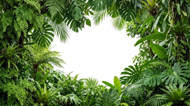 Abundant lush green tropical leaves and plants frame a bright white light source forming a natural border