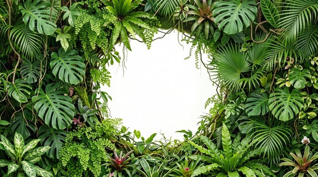 Abundant vibrant tropical leaves and plants create a natural border around a bright white empty space