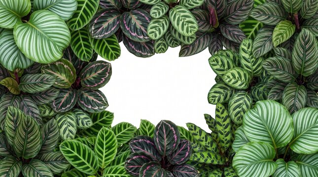 Abundant green tropical leaves and plants create a natural border around a clean white empty space