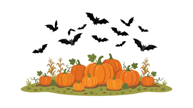 Halloween pumpkin patch vector illustration, orange pumpkins with flying black bats, autumn harvest seasonal background
