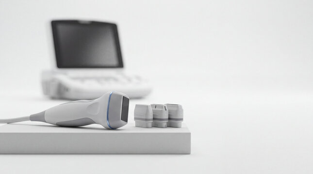 Focused ultrasound transducer device with medical probes on white background for healthcare diagnostic technology