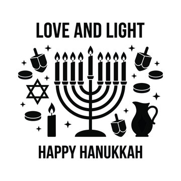 Black and white hanukkah greeting card design featuring a menorah dreidels star of david and gelt coins with the text love and light