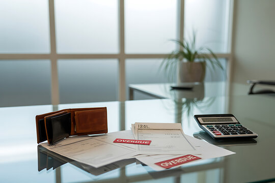 Brown leather wallet, calculator, and overdue bills on a glass office desk