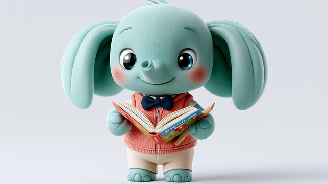Gr&uuml;ner 3D-Cartoon-Elefant liest Buch mit Fliege und ger&ouml;teten Wangen