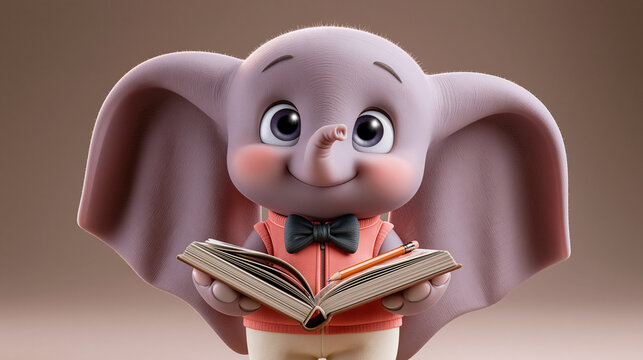 Niedlicher 3D-Cartoon-Elefant h&auml;lt Bilderbuch in Weste und Fliege