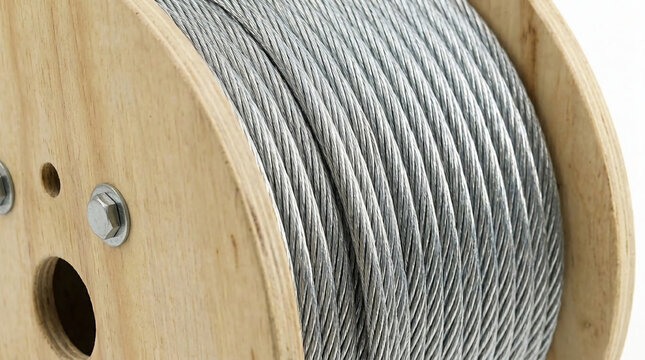 Durable galvanized steel wire rope wound around a light-colored wooden spool for industrial and construction applications