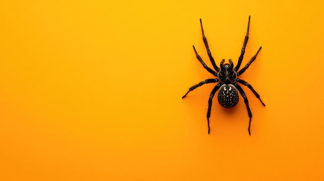 Black widow tarantula Halloween holiday decorations. Striped straws with paper bats and confetti , spiders on white background. Flat lay, top view