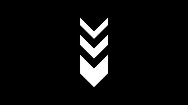 White animated chevron arrows pointing downward in sequential motion as scroll down indicator on black background
