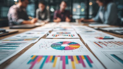 Naklejka premium Business Team Analyzing Colorful Financial Reports And Data Charts On A Wooden Office Meeting Table