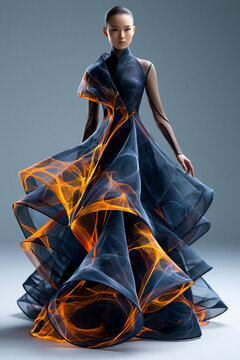 Model pr&auml;sentiert dramatisches Kleid mit schwarz-orangem Flammendesign