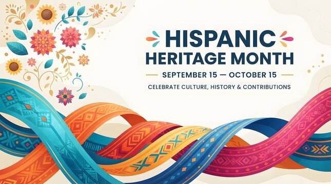 Hispanic Heritage Month celebration banner with colorful decorative ribbons and floral patterns.