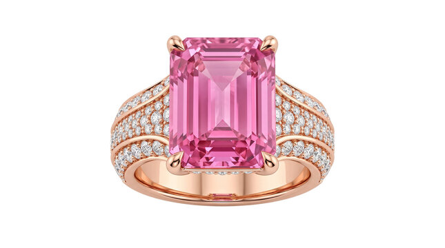 Elegant pink sapphire ring in rose gold, emerald cut gemstone jewelry with diamond pav&eacute;, luxury engagement ring for bridal fashion isolated PNG with Transparent Background