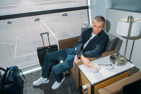 Man With Coffee Airport Lounge Travel