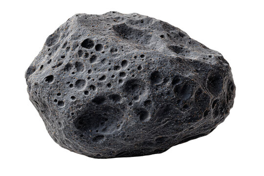Single dark cratered asteroid with rugged porous rocky texture isolated on transparent background