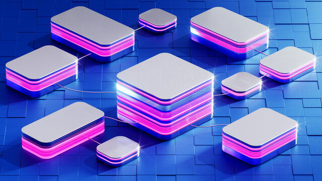 Neon Network Nodes on Blue Digital Grid