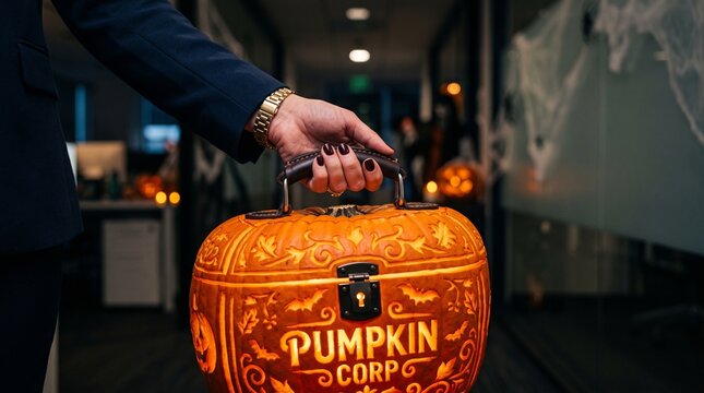 Macro photo of woman holding pumpkin briefcase 2k showing woman's features showing delicate skin pores natural beauty details and high-resolution skin texture with professional studio lighting