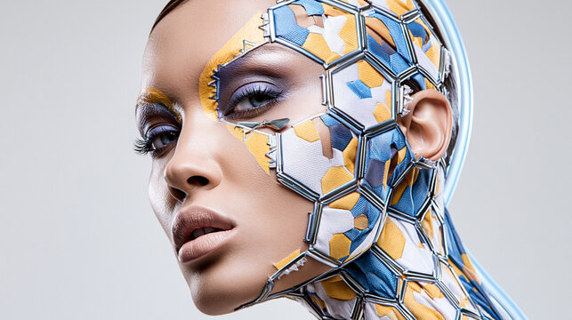 Frauengesicht mit futuristischem Hexagon-Muster und digitalem Overlay