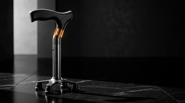 Modern ergonomic walking cane in a noir photography style featuring a single vivid amber accent color on a dark cinematic background.