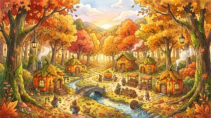 Obraz premium A whimsical hand-painted watercolor illustration of a charming tiny pumpkin village nestled in the heart of a magical autumn forest.