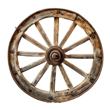 Old wooden wagon wheel displayed on a simple background in a studio setting with natural light