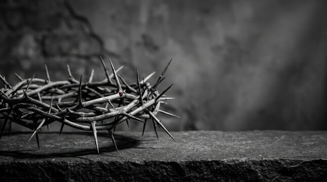 Noir photography with a single vivid accent color of a red blood droplet on a crown of thorns resting on a stone surface for religious Easter themes.